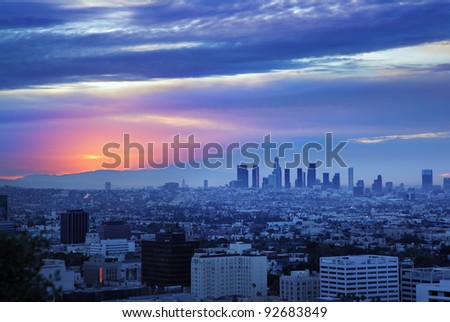 Los Angeles skyline at dawn, view from Hollywood Hills.