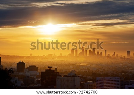 Los Angeles skyline at sunrise, view from Hollywood Hills.