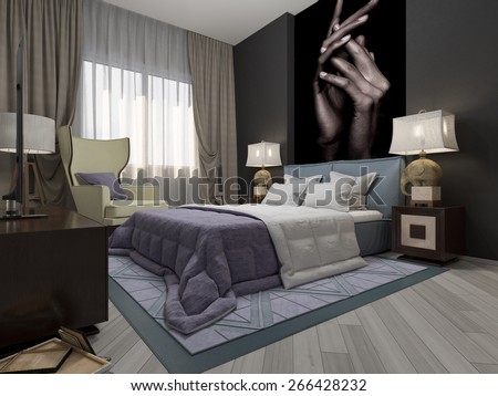 3d illustration bedroom art deco in violet tones with lamps in the form of an elephant