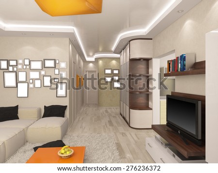 3d illustration of a living room and kitchen in beige tones