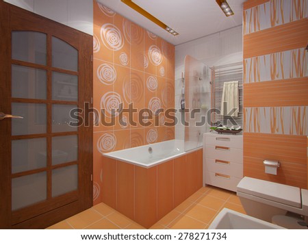 3d render design interior bathroom in orange color in modern architectural style with bath and shower