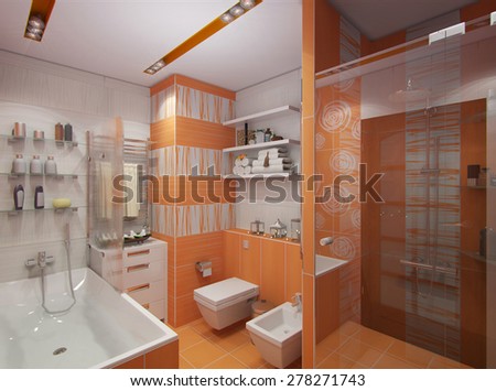 3d render design interior bathroom in orange color in modern architectural style with bath and shower