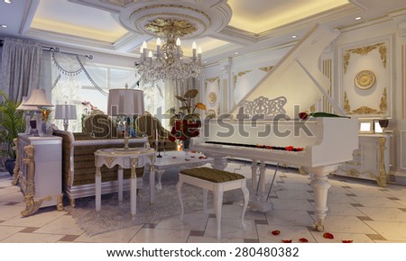 3D render of a drawing room in classical style with a grand piano