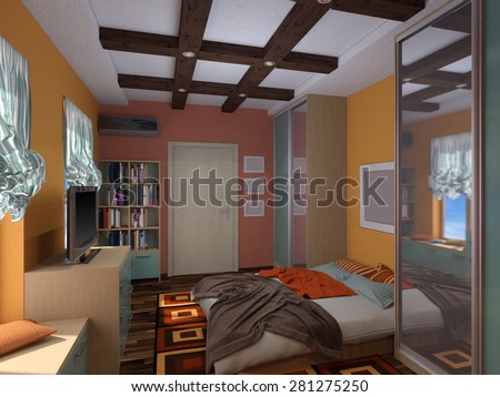 3D render of interior design of a bedroom in the Mexican style