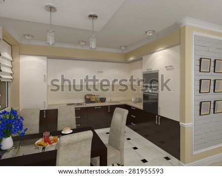 3D render of a drawing room and kitchen in style eclecticism in beige and brown tones
