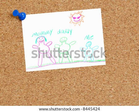 cork board with childs family drawing tacked up