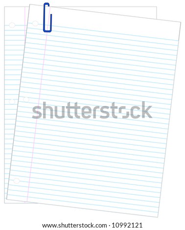 stock vector : two sheets of lined paper with blue paper clip - vector