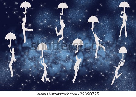 An illustration that shows a group of people flying with umbrellas in the space