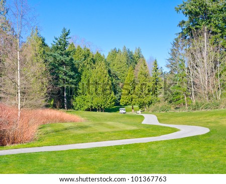 Curved path at a golf course with a golf cart on it.