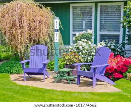 Colorful wooden lawn chairs at the front        ( back ) yard in sunny day.