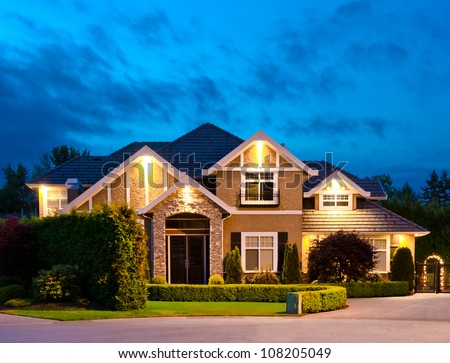 Big Luxury House At Dusk, Night In Suburbs Of Vancouver, Canada
