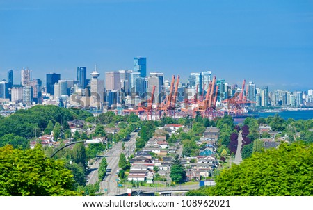 Panoramic view city of Vancouver. Downtown and  Port terminal.