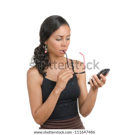 Young woman calling on the phone with different facial expressions. Body language. Happy, surprised, open, confused. Isolated on white .