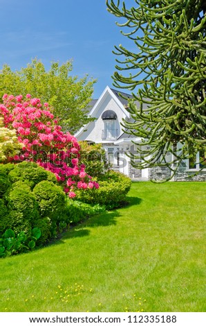 Some flowers and nicely trimmed bushes on the lawn in  front of the house. Landscape design.