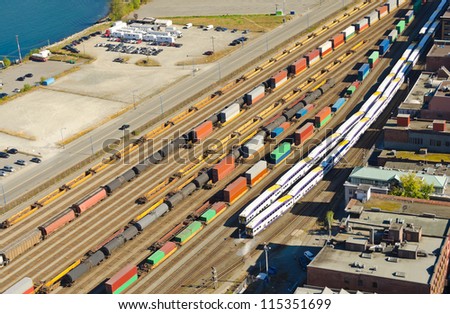 Freight Station with trains, carriages and oil-cars, tank-cars. View from above.
