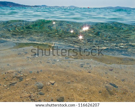 Chrystal clear water of mediterranean, caribbean resorts. Beach reflection aqua perspective background.