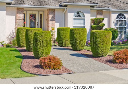 Landscape design. Nicely trimmed bushes in front of the house,  front yard, along doorway.