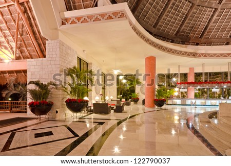Fragment Of The Lobby Of The Five Stars Luxury Caribbean Resort Hotel. Reception Area. Interior Design. Bahia Principe, Riviera Maya, Mexican Resort.