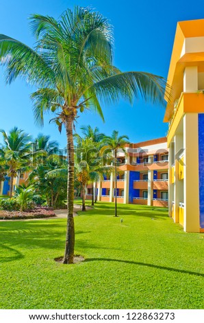 Colorful luxury caribbean resort hotel building. Bahia Principe, Riviera Maya.