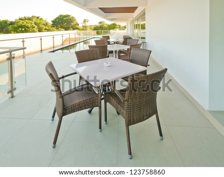 Stylish interior, patio of the restaurant, cafe, bar of the luxury Mexican resort.