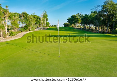 Flag on the beautiful golf course of the luxury mexican resort. Bahia Principe, Riviera Maya.