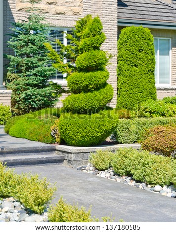 Landscape design. Nicely trimmed bushes at the front yard