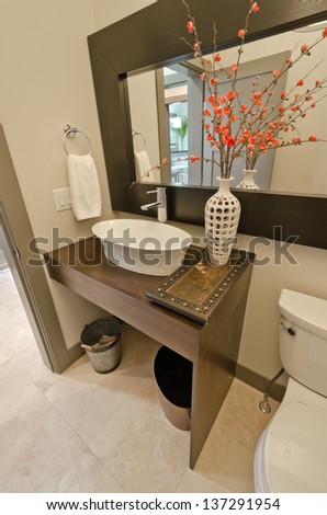 Nicely Decorated Modern Washroom With The Toilet, Vase With Some Flowers And Decorative Buckets. Interior Design.