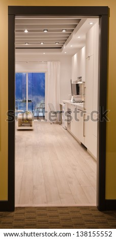 View through the door, entrance  frame. Interior design of a modern kitchen, in combination with laundry and the office room. For small condos. Vertical.