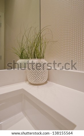 Fragment  of a bathroom, washroom with wash basin (sink) and the vase as a decorative element on the counter. Interior design.