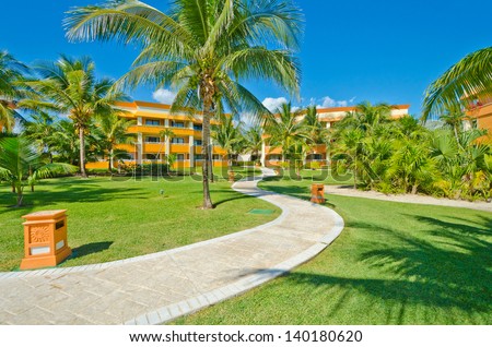 Fragment of the colorful luxury caribbean resort hotel building. Bahia Principe, Riviera Maya.