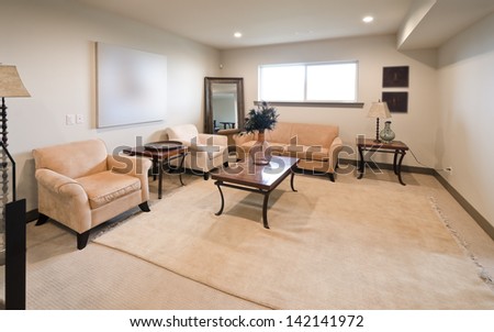 Interior of the modern nicely decorated living room in the basement. Two coaches, sofa and the table on the big rug. Interior design.