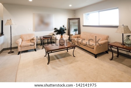 Interior of the modern nicely decorated living room in the basement. Two coaches, sofa and the table on the big rug. Interior design.