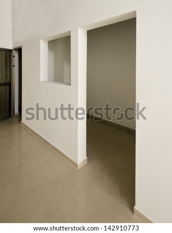 The door and window on white. Fragment of the office, building hall, lobby, doors and windows. Interior design.