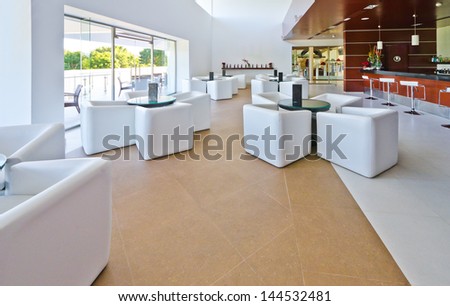 Stylish Modern Interior Of The Restaurant, Cafe, Bar Of The Luxury Mexican Resort. Interior Design.