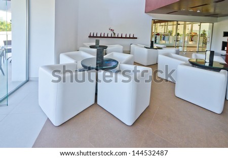 Stylish modern interior of the restaurant, cafe, bar of the luxury Mexican resort. Interior design.