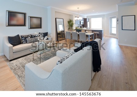 Luxury living suite : living, family room with the kitchen at the back. Interior design.