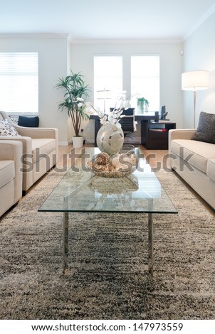 Luxury living suite. Living, family room with the decorative vase on the glass coffee table and the couch and pillows. Interior design.  Vertical.