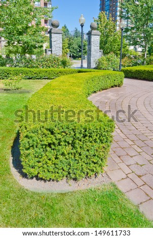 Landscape design. Nicely trimmed bushes and paved pedestrian sidewalk in the park. Vancouver. Canada. Vertical.