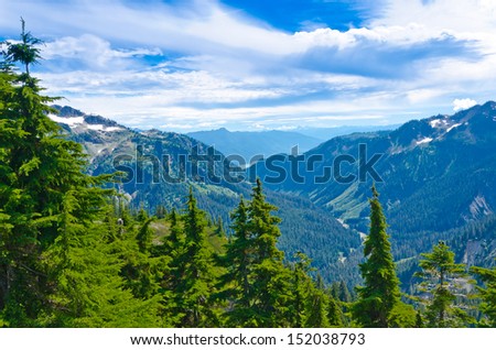 Gorgeous view, outlook at the valley at Mount Baker lands and wilderness. North America.