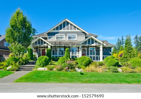 Big Custom Made Luxury House With Nicely Landscaped Front Yard In The Suburbs Of Vancouver, Canada.