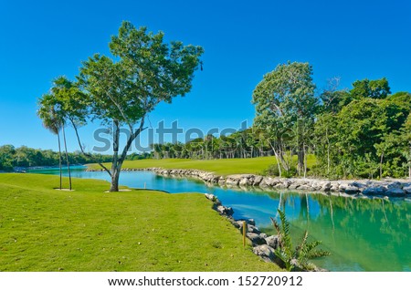 Lake at the beautiful golf course.  Mexican resort. Bahia Principe, Riviera Maya.