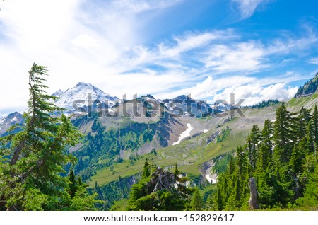 Gorgeous view, outlook at the valley at Mount Baker lands and wilderness. North America.