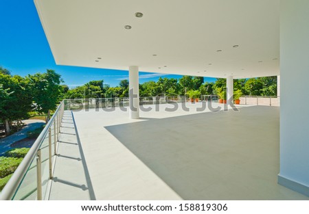 Perspective of the modern glass and steel balcony, deck and plaza railing. Exterior, interior design.