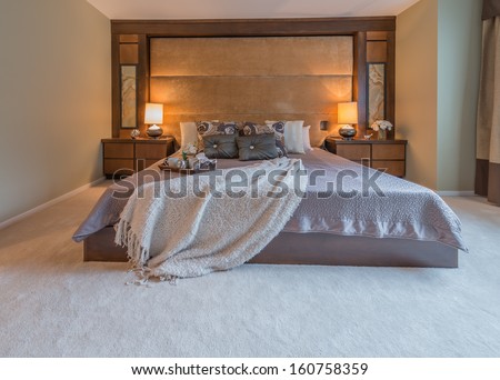 Modern comfortable, nicely decorated, elegant luxury master bedroom. Interior design.