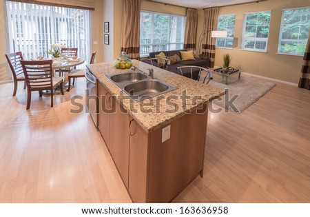 Luxury and nicely decorated living set, lunch room with the table and living suite, room and the kitchen aside . Interior design.