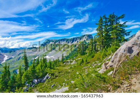Gorgeous mountain view. Outlook at Mount Baker lands and wilderness with the Table mountain and Bagley lake. North America.