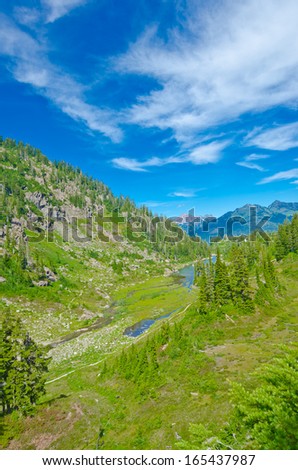 Great view at Mount Baker lands and wilderness with Bagley lake in the valley. North America.