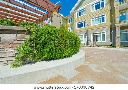 Some nicely trimmed bushes on the leveled and stoned bed on the paved plaza, court. Landscape urban design.
