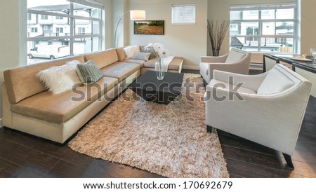 Luxury Modern Living Suite, Room With Sofa And Chairs. Interior Design Of A Brand New Townhouse.