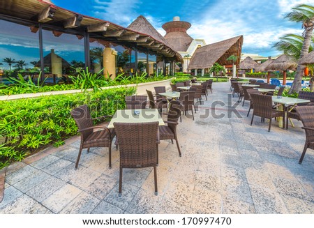 Patio, restaurant of the luxury five stars caribbean, mexican resort. Bahia Principe, Riviera Maya.